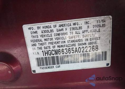 2005 Honda Accord 3.0 Lx из США, поврежденный, VIN 1HGCM66365A022268